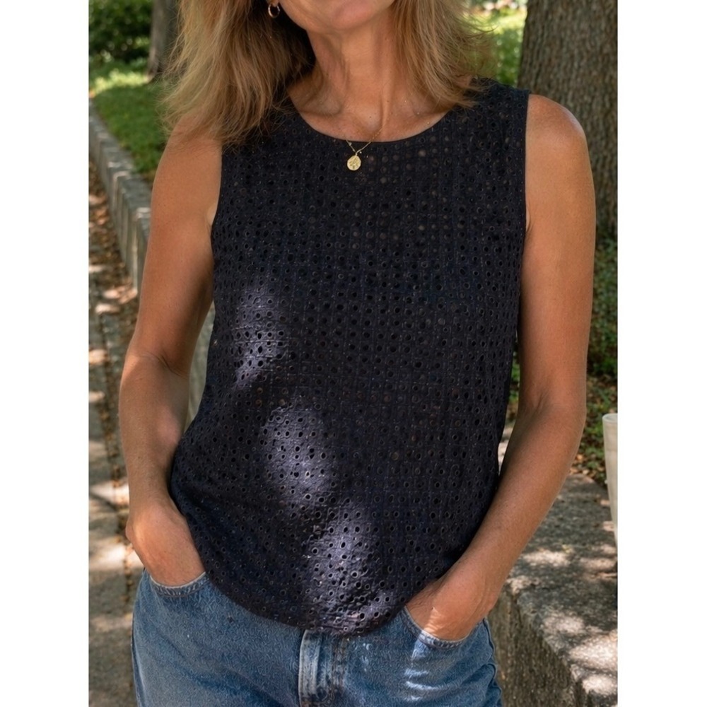 Gap Womens Sleeveless Top Black Large Eyelet Summer Cotton Preppy Office Evening